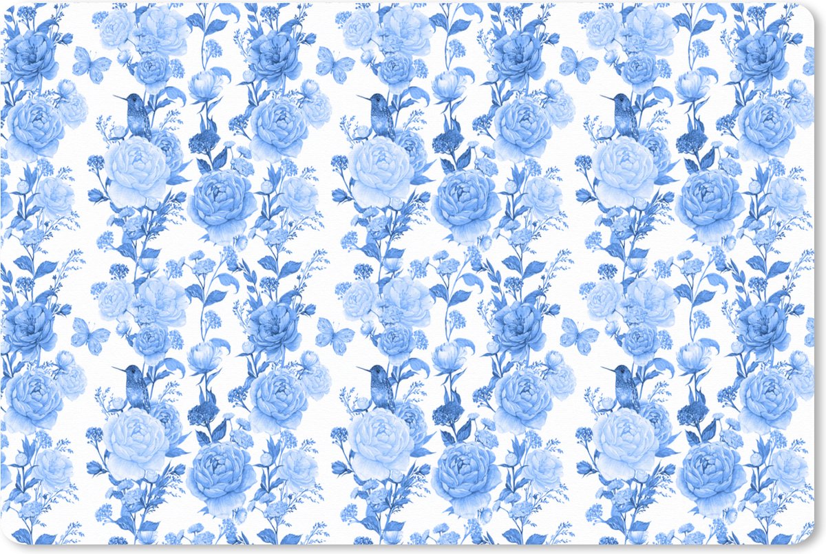 Muismat XXL 90x60 cm - Bureau onderlegger - Bureau mat Bloemen - Rozen - Blauw - Bureaumat - Gaming mousepad xl - Bureaulegger groot - Computer deskmat