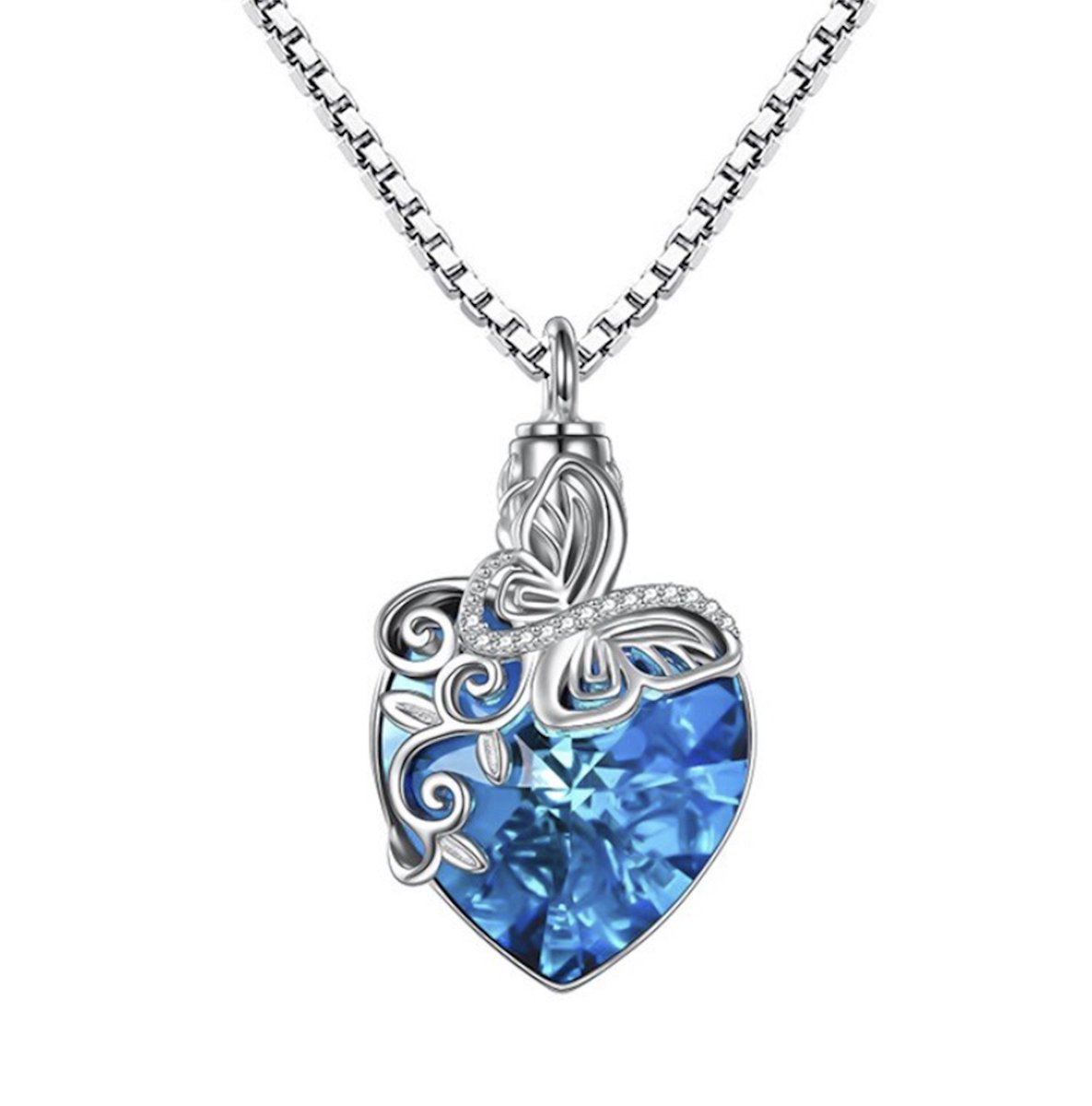 Bijoux by Ive - Ashanger - Assieraad met ketting - Collier - Blauw hart met zilverkleurige vlinder en transparante steentjes