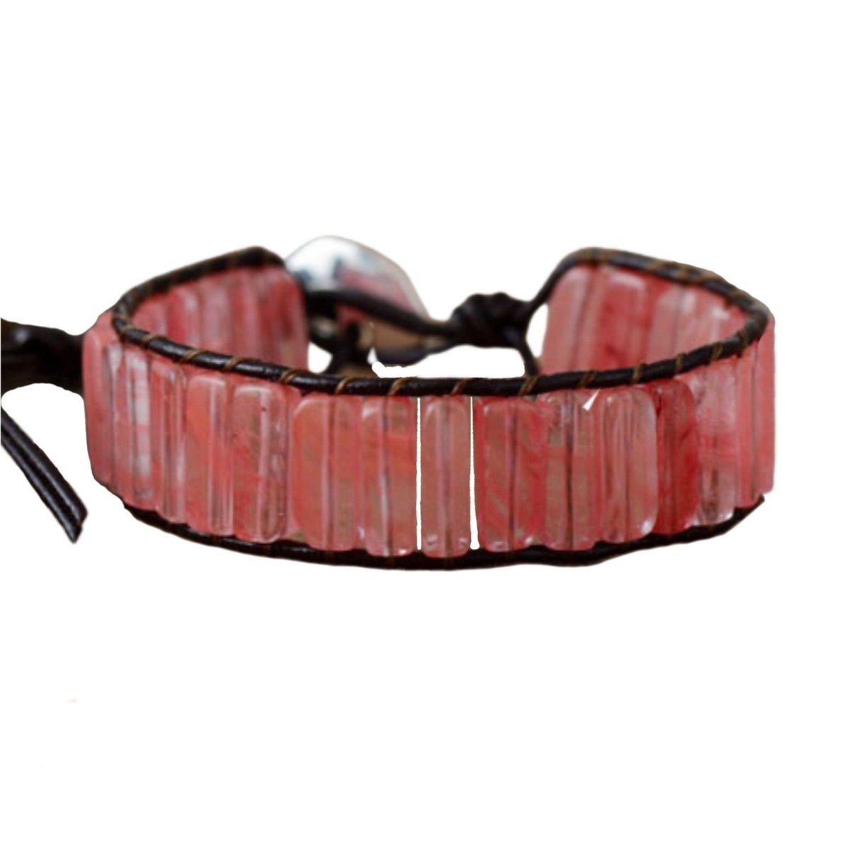 Marama - armband donkerbruin leer roze Jade edelstenen - damesarmband - verstelbaar