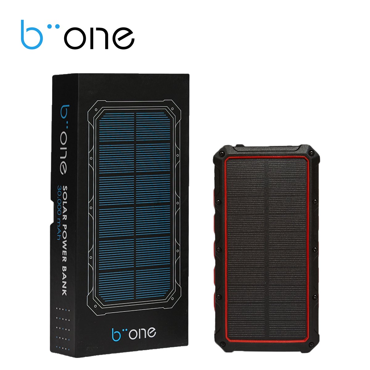 Biione Solar Powerbank – Oplaadbare Batterij 30.000 mAh – Geschikt voor iPhone Samsung Apple – Rood
