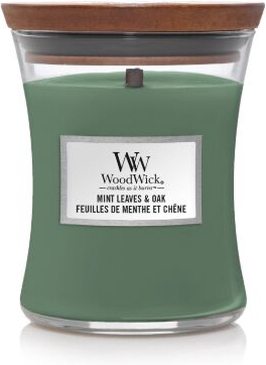 WoodWick Hourglass Medium Geurkaars - Mint Leaves & Oak - 60 branduren Groen