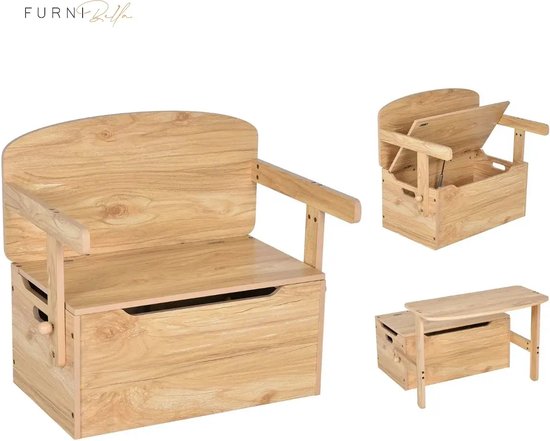 FURNIBELLA - Convertible Activity Chair voor kinderen van 3-7 jaar Opbergkist om te bouwen tot bureau of bank 60x34x57cm naturel