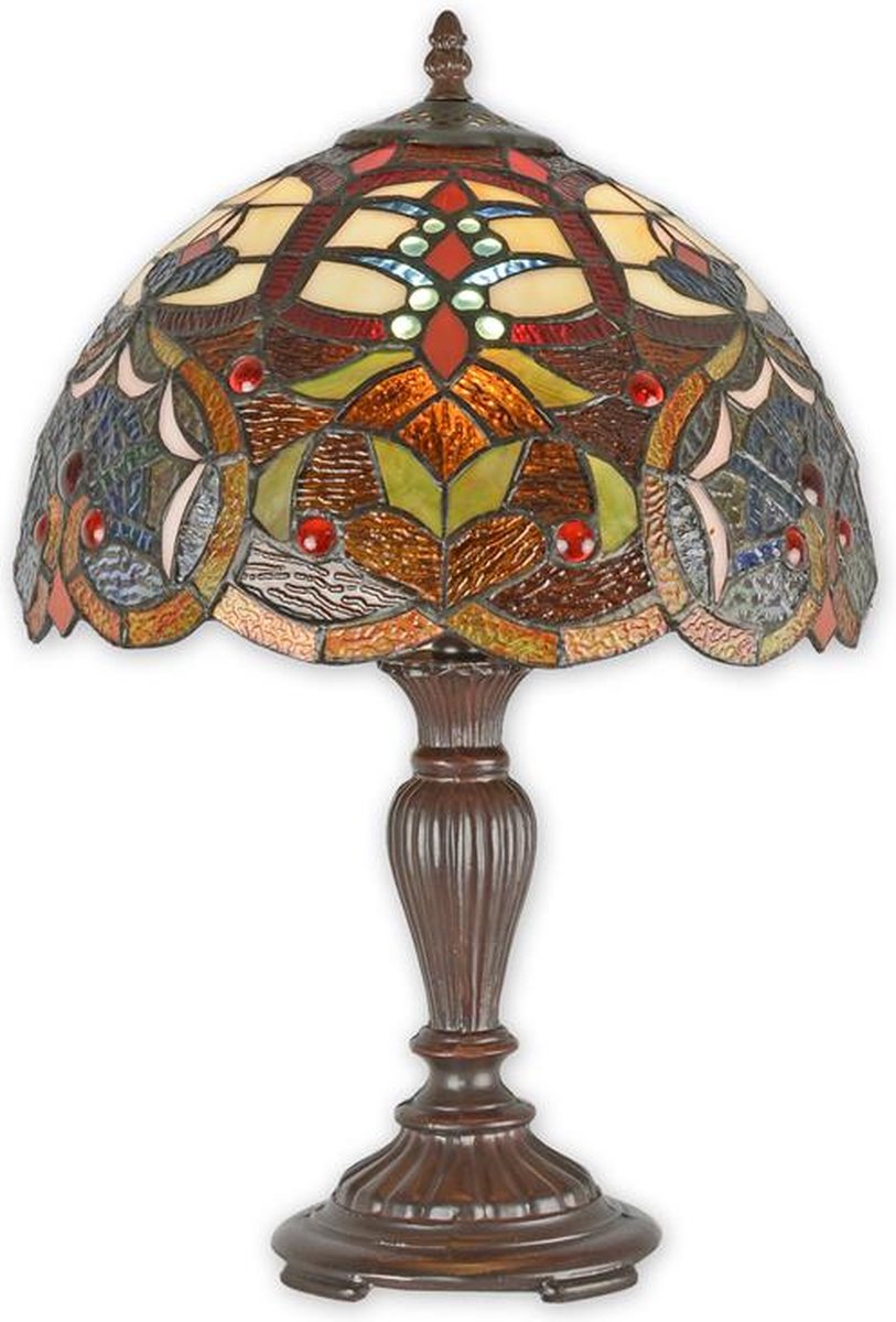Tiffany tafellamp - Glas in lood - Donkere kleuren - 45,5 cm hoog