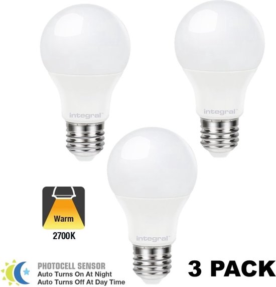 Toegangsprijs Drama Twee graden 3 Pack Integral E27 LED lamp 8,5 watt extra warm wit 2700K met dag/nacht  sensor niet... | bol.com