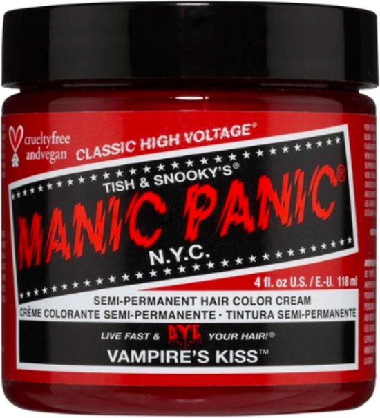Pot Manic Panic haarverf 'Vampire's Kiss' in rood, met vegan en crueltyfree logo.