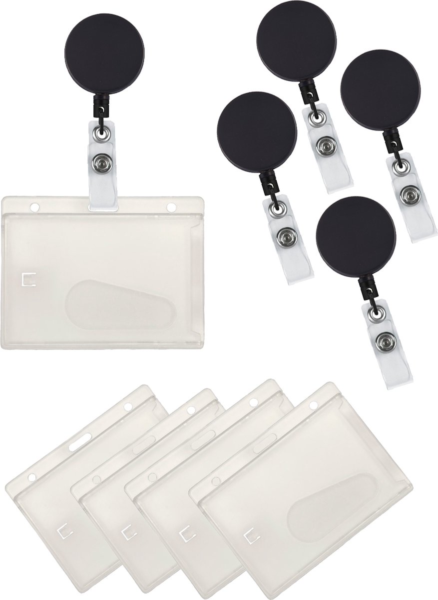 Badgehouder met Trekkoord 5x Pack - Zwart - Afrolmechanisme - Badge met Clip Uittrekbaar
