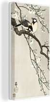 Canvas schilderij 80x160 cm - Wanddecoratie Two tits on cherry blossom - schilderij van Ohara Koson - Muurdecoratie woonkamer - Slaapkamer decoratie - Kamer accessoires - Schilderijen