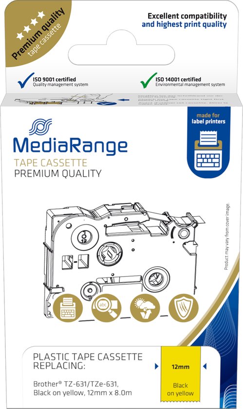MediaRange - Brother compatible labels TZ-631/ TZe-631 - 9mm x 8m - Zwart op geel