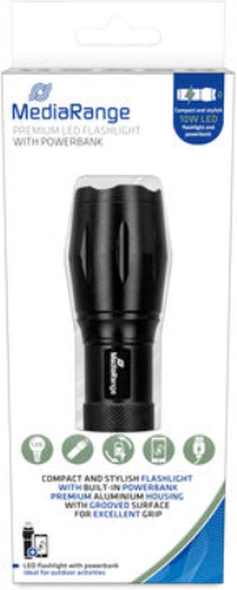 MediaRange Oplaadbare LED zaklamp - 250 lumen - Met 1800 mAh powerbank - Zwart