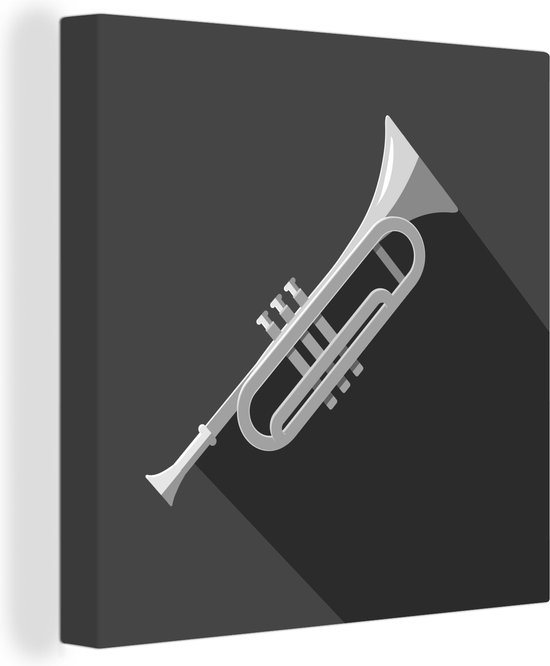 Canvas Schilderij Illustratie van een trompet op een grijze achtergrond - zwart wit - 20x20 cm - Wanddecoratie
