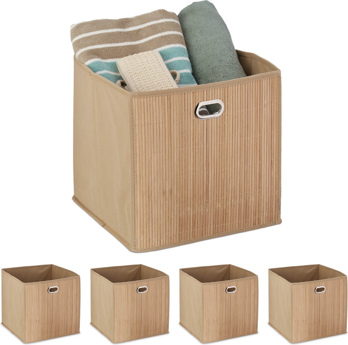 Relaxdays opbergmand bamboe, badkamer, hoog, vierkant, opvouwbaar, stoffen kast organizer, HBD: 31 x 31 x 31 cm, bruin