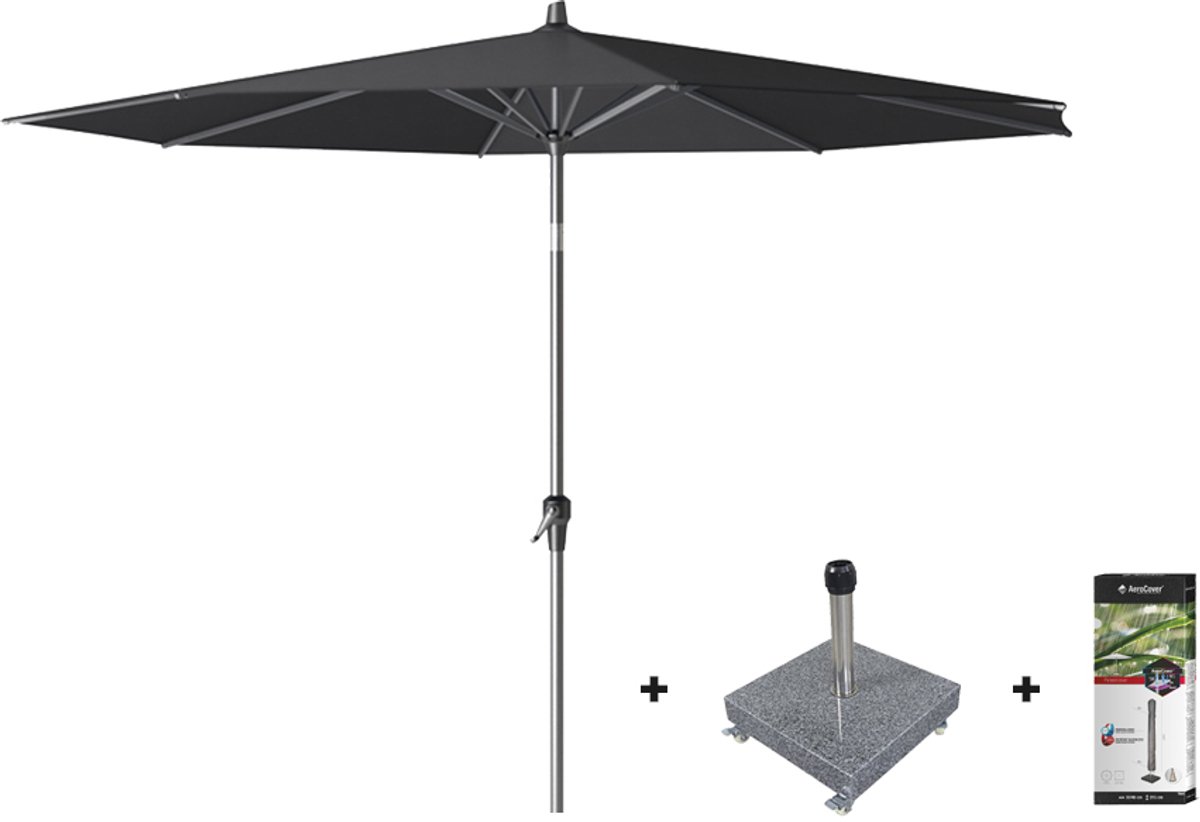Platinum Riva stokparasol 3 m. rond - Premium - Faded Black met voet en hoes