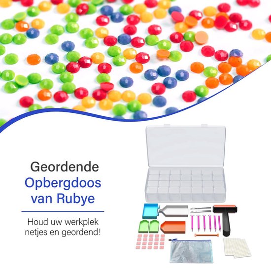 Rubye® Diamond Painting Accessories Package Adultes - Boîte de rangement 28 compartiments - Diamond Painting Roller - Stylos - Cire - Shake plateaux - Case - Diamond Painting Starter package