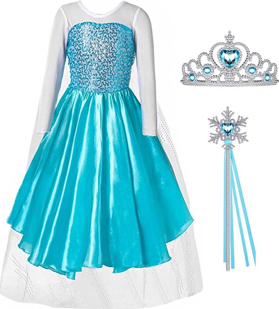 Elsa jurk - blauwe prinsessenjurk meisje - carnavalskleding kinderen - Prinsessen Verkleedkleding - 140/146 (150) - Prinsessen speelgoed - Verjaardag meisje - Prinsessen accessoire set - Prinsessenkroon - Toverstaf