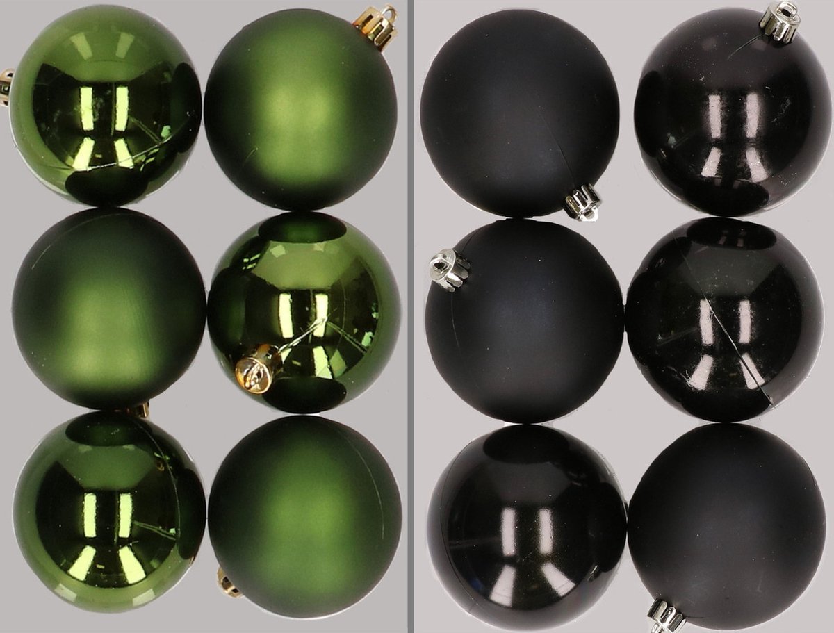 12x stuks kunststof kerstballen mix van donkergroen en zwart 8 cm - Kerstversiering