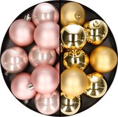 24x stuks kunststof kerstballen mix van lichtroze en goud 6 cm - Kerstversiering
