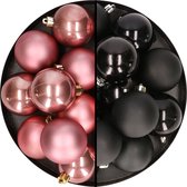 24x stuks kunststof kerstballen mix van zwart en oudroze 6 cm - Kerstversiering
