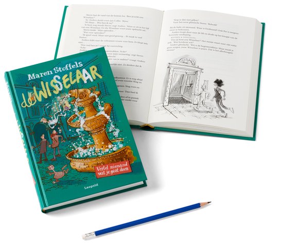 Boek "De Wisselaar" van Maren Stoffels open op bladzijdes met illustraties. Een potlood ligt ernaast.