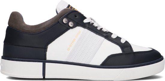 Blauwe G-Star Raw sneaker met witte zijkanten, grijze strepen en bruine hiel.