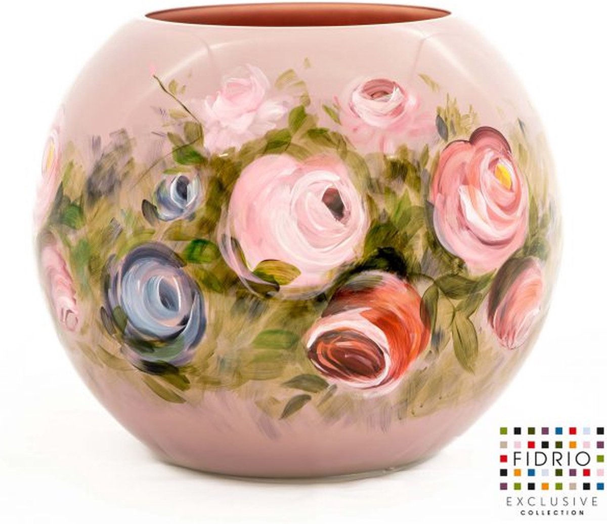 Fidrio Design vaas Bolvase Roses HANDPAINTED glas mondgeblazen diameter 40 cm