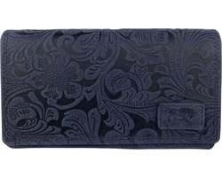 Portemonnee Dames - Bloemenprint - Donkerblauw- RFID - Anti-Skim - Echt Leer