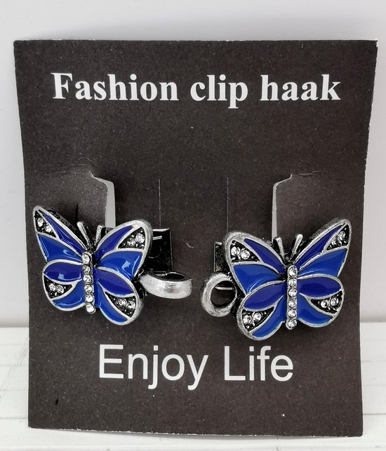 Vestsluiting - clip met haakje - vlinder - blauw - strass - voor - vest - sjaal - omslagdoek in kleur antiek zilver look.