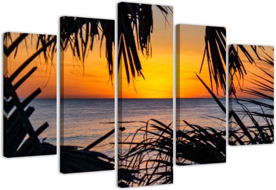 Trend24 - Canvas Schilderij - Zee Bij Zonsondergang - Vijfluik - Landschappen - 100x70x2 cm - Oranje