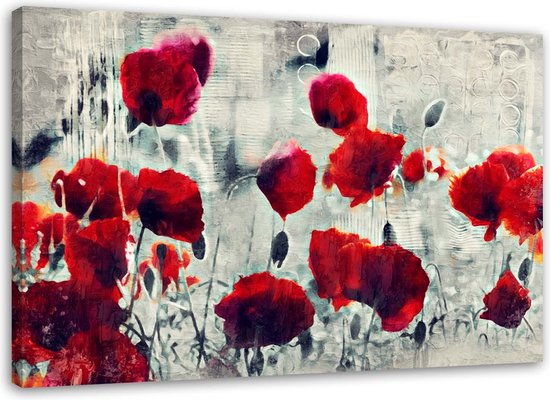 Trend24 - Canvas Schilderij - Geschilderde Rode Papavers Op Een Zwart-Witte Weide - Schilderijen - Bloemen - 100x70x2 cm - Rood