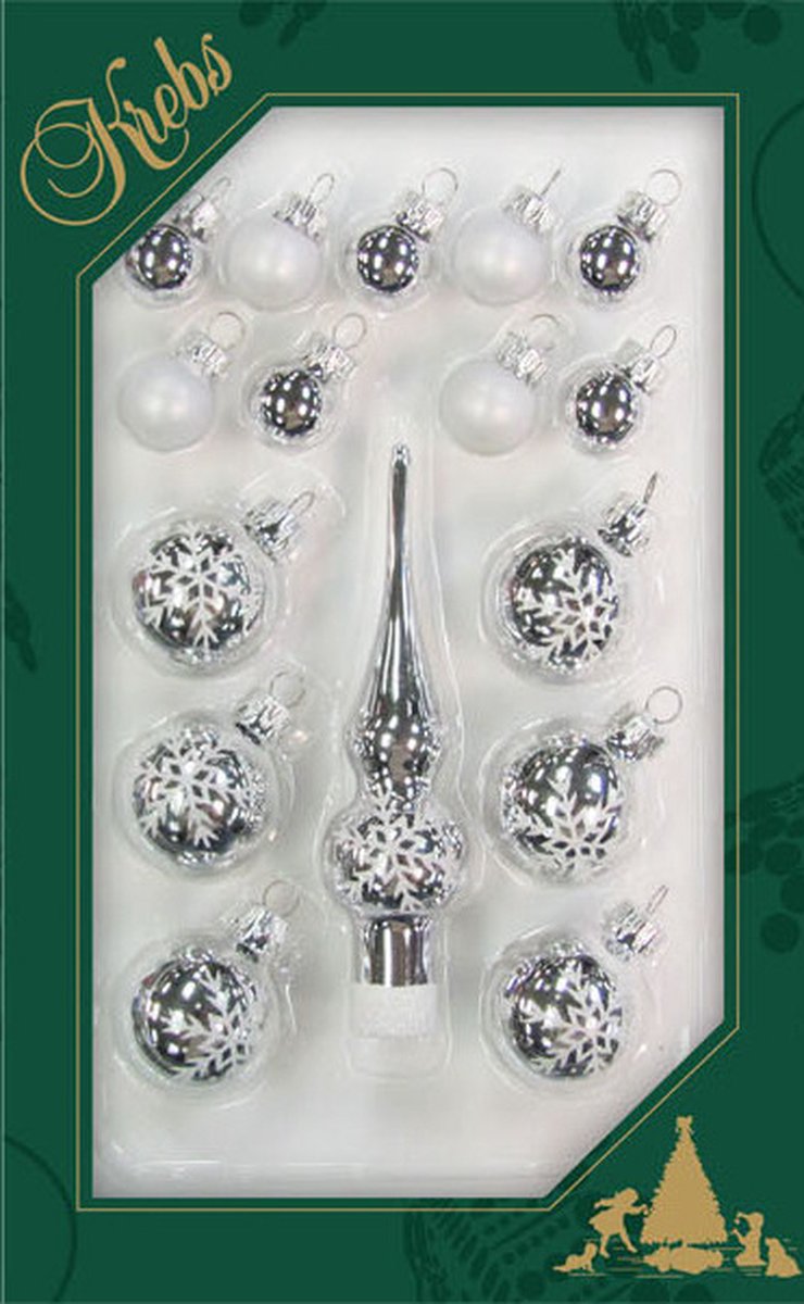 Krebs mini kerstballen en piek set - 16-dlg - zilver - glas - voor mini kerstboom - kerstversiering