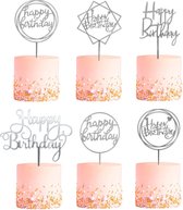 Cake Topper Happy Birthday Versiering Taarttopper Decoratie Zilver Verjaardag Versiering Feest Versiering – 6 Stuks