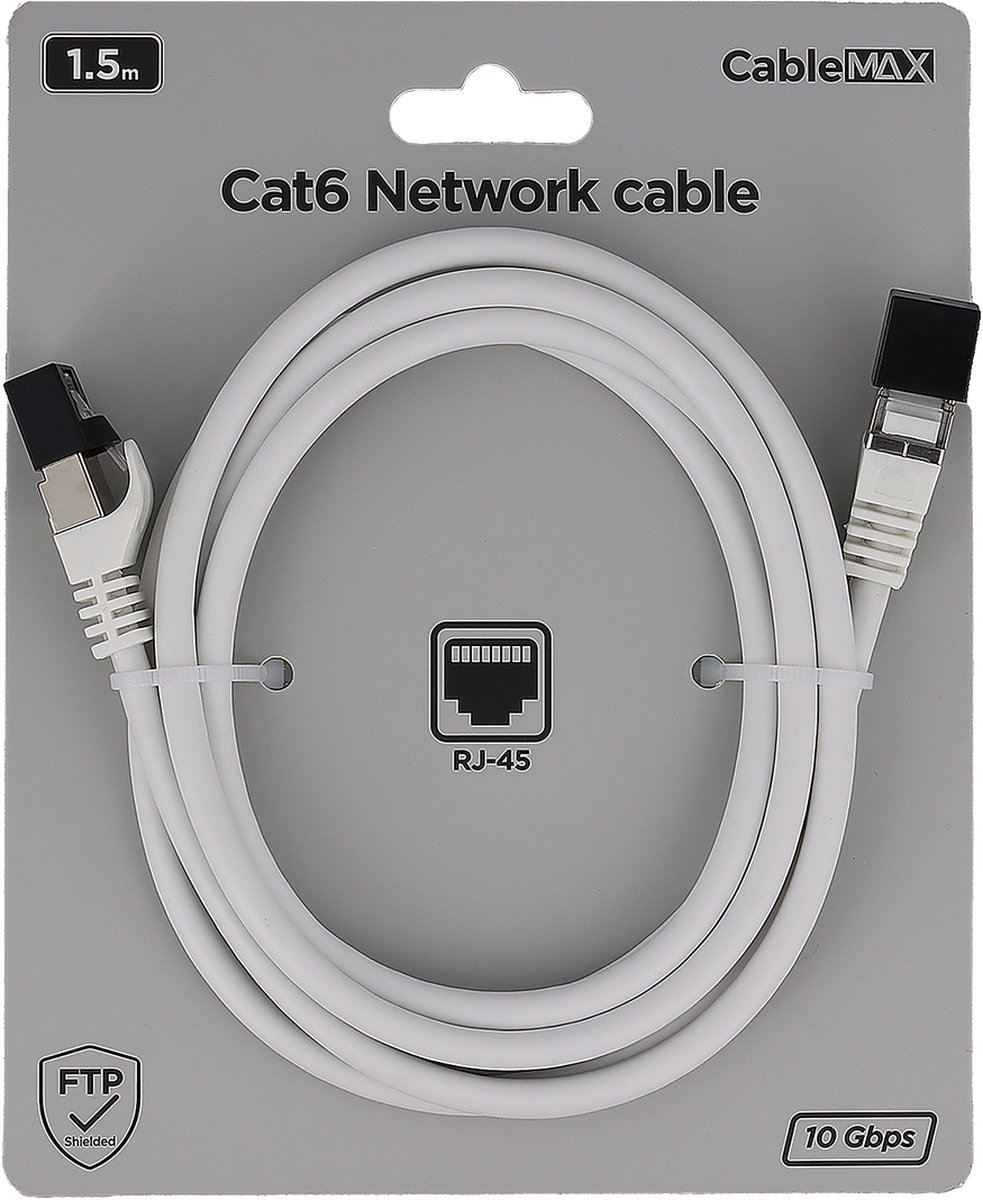 CableMax Cat6 Netwerkkabel RJ-45 | 1,5 meter | 10 Gbps | Wit / Zwart