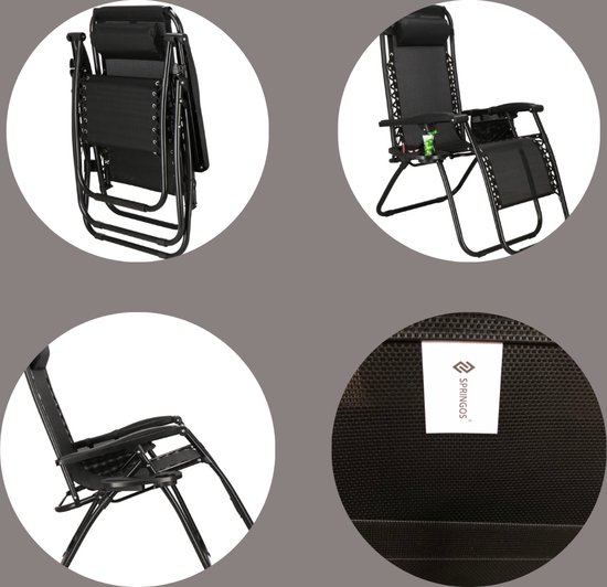 Zwarte opvouwbare relaxstoel met verstelbare hoofdsteun, armleuningen en een bekerhouder. De stoel is van gaasstof en heeft een zwart metalen frame.