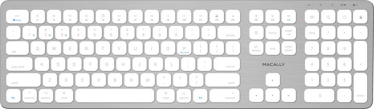 Macally BTWKEYMB dun draadloos bluetooth-toetsenbord voor Apple Mac, iPad en iPhone - U.S. English (QWERTY) - Wit/Zilverkleurig
