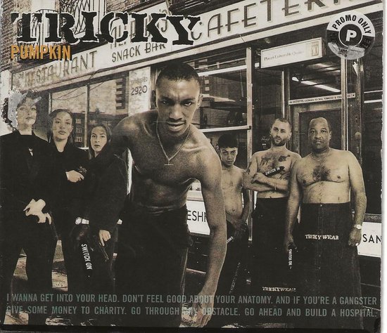 Zwart-wit albumhoes toont Tricky en een groep mensen voor een snackbar met de tekst TRICKY CAFETERY en een promo-stempel.