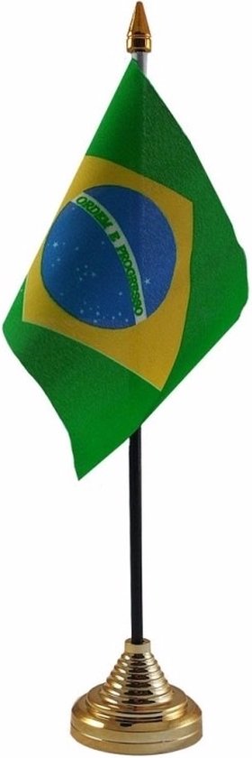 Vlag Brazilie tafelvlaggetje - 10 x 15 cm - met gouden standaard - Hoogte 27 cm - landen supporters versiering