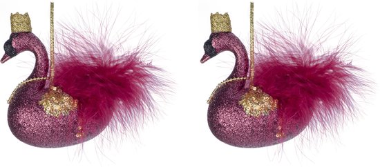 2x stuks kunststof kersthangers zwaan fuchsia roze 14 cm kerstornamenten - Kunststof ornamenten kerstversiering