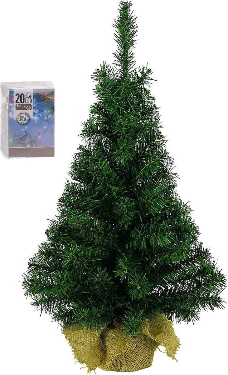 Volle kunst kerstboom 45 cm in jute zak inclusief 20 gekleurde lampjes - Mini kerstbomen met verlichting