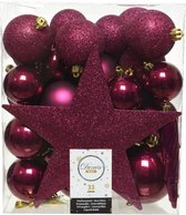 33x Boules de Noël en plastique rose framboise (magnolia) avec visière étoile - 5-6-8 cm - Boules de Noël en plastique incassables