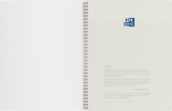 Open A4+ notitieboek met spiraalbinding, blanco voorpagina met informatie over het papier en de EU Ecolabel.