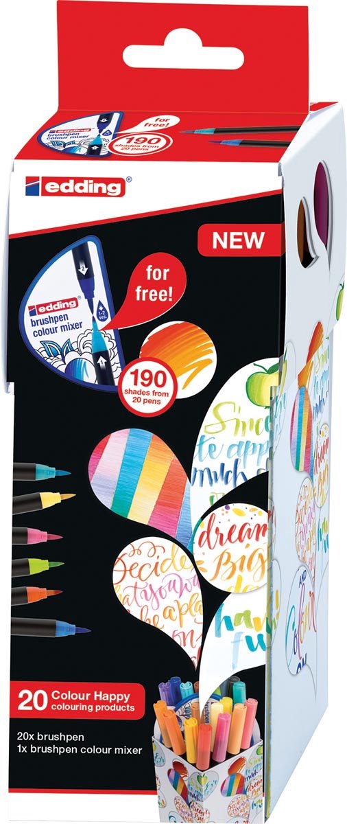 edding Colour Happy Box - 20 Brushpennen in handige box - Zachte, Flexibele en Penseelvormige punt