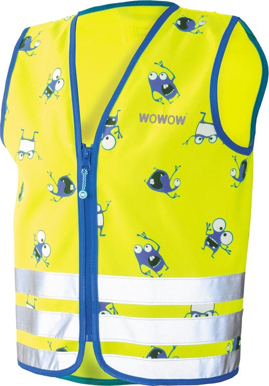 Geel kinderhesje met blauwe bies en een print van paarse monsters met grote ogen. "WOWOW" logo zichtbaar.