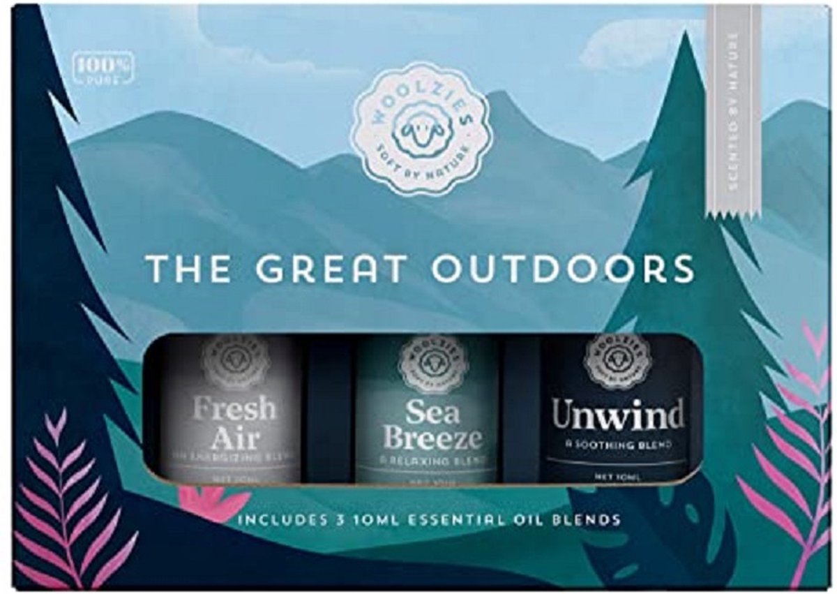 Goedkoopste Woolzies The Great Outdoors Essential Oil Collection | Includes Fresh Air, Sea Breeze & Unwind | Fresh, Sharp, Clean Scent | Aromatherapy Therapeutic Grade Oil | For Diffuse & Topical Use | 10 ML