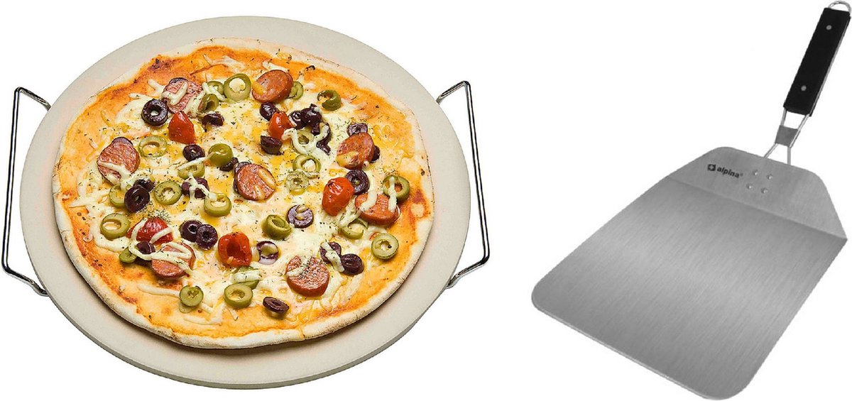 Keramische pizzasteen rond 33 cm met handvaten - Met inklapbare RVS pizzaschep 25 cm - BBQ/oven pizza stone