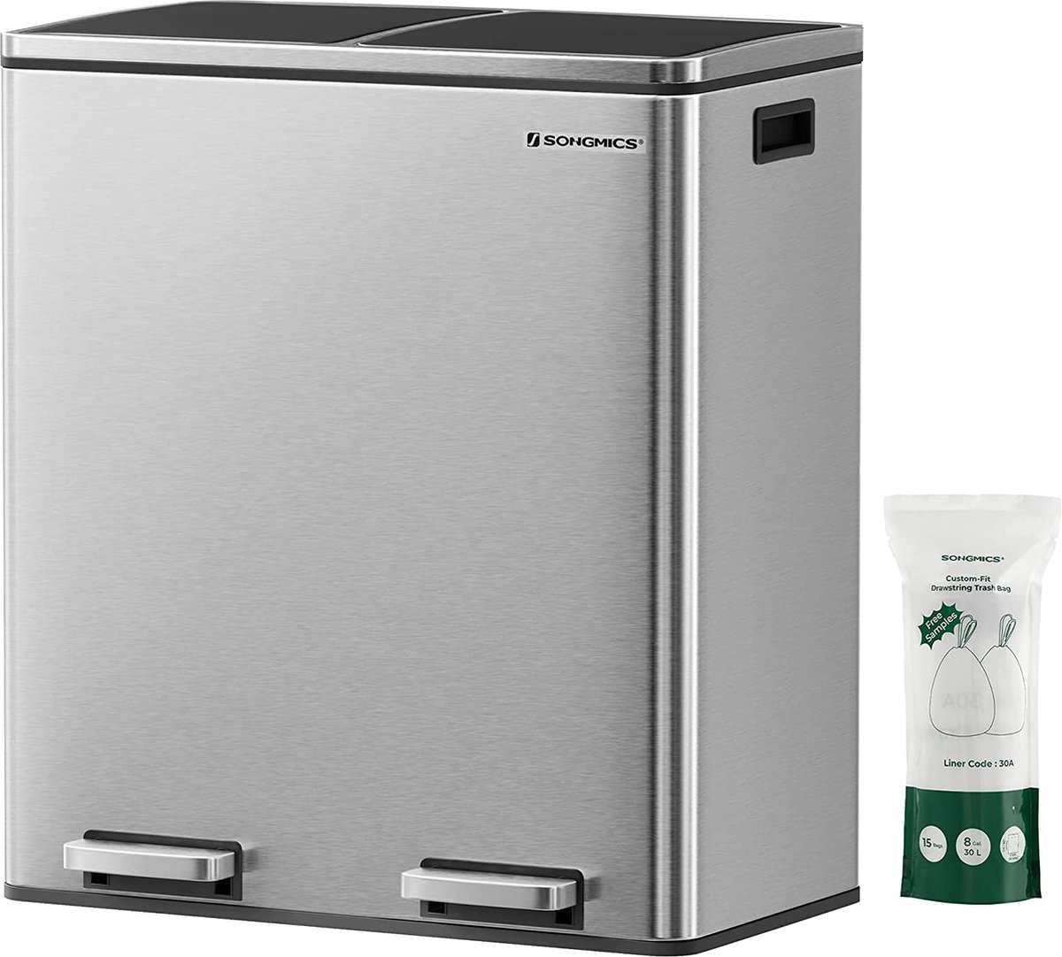 Prullenbak Afvalscheiding - 2 Vakken - Afvalscheidingssysteem - Afvalemmer voor de Keuken - 2 x 30 L - Chrome