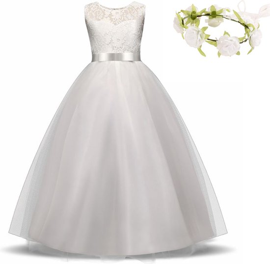 Robe de communion robe de demoiselle d'honneur robe de mariée blanc 164-170 (170) robe de princesse robe de soirée + guirlande de fleurs