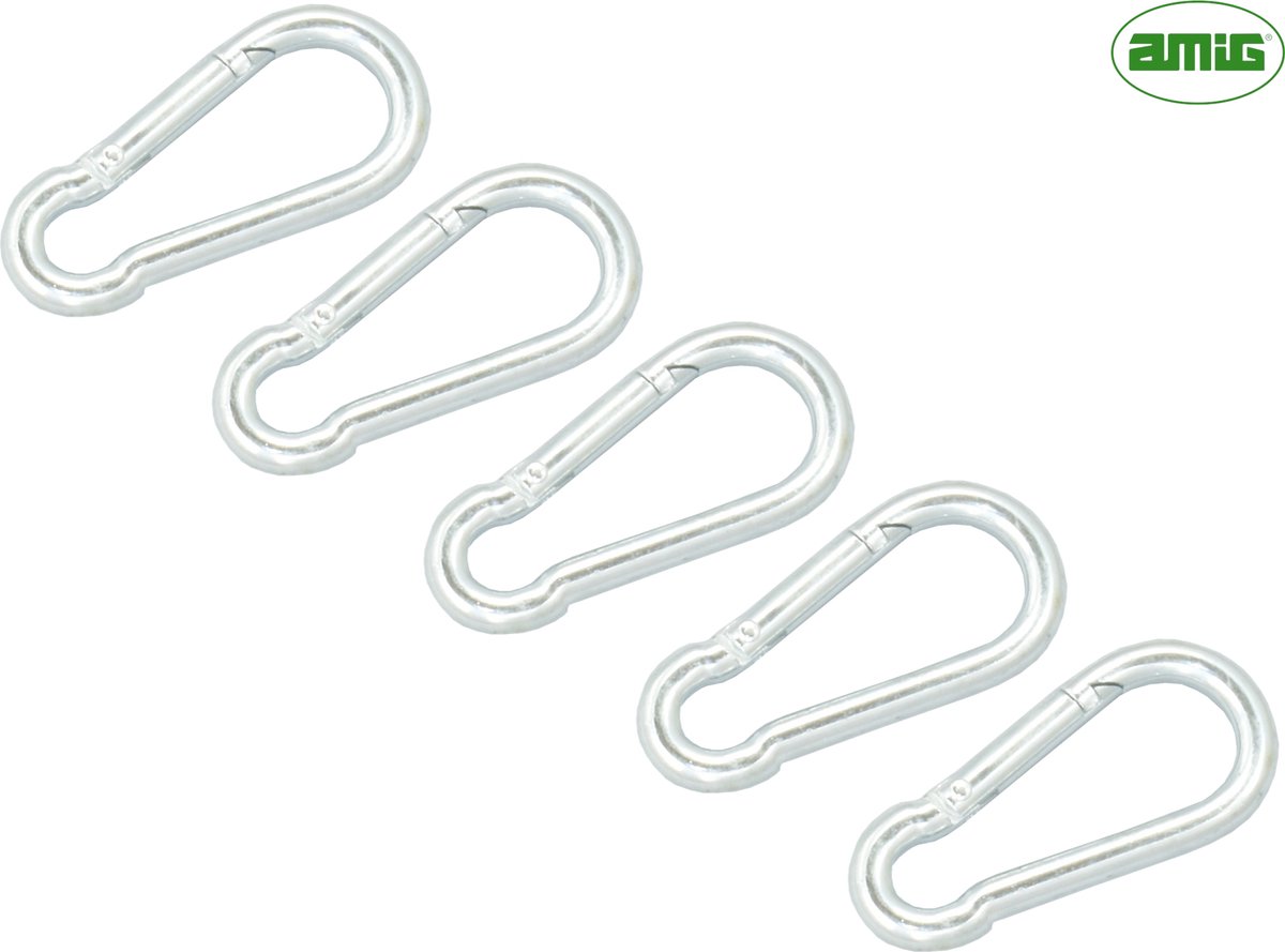 AMIG Karabijnhaak 6 x 60mm – Gegalvaniseerd Staal – 5 stuks – carabiner – musketonhaak