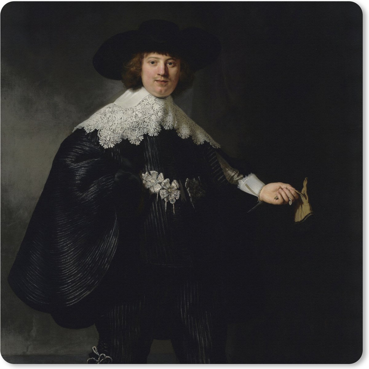 Muismat XXL 60x60 cm - Bureau onderlegger - Bureau mat Huwelijksportret van Marten Soolmans - Schilderij van Rembrandt van Rijn - Bureaumat - Gaming mousepad xl - Bureaulegger groot - Computer deskmat