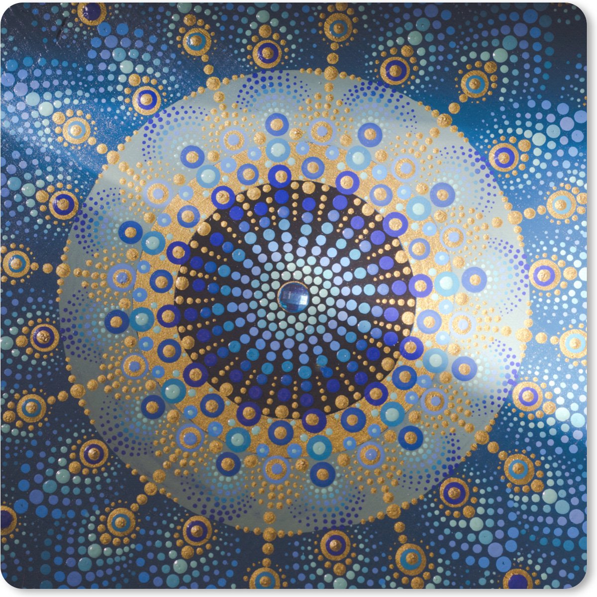 Muismat XXL 60x60 cm - Bureau onderlegger - Bureau mat Cirkel - Mandala - Blauw - Geel - Bureaumat - Gaming mousepad xl - Bureaulegger groot - Computer deskmat