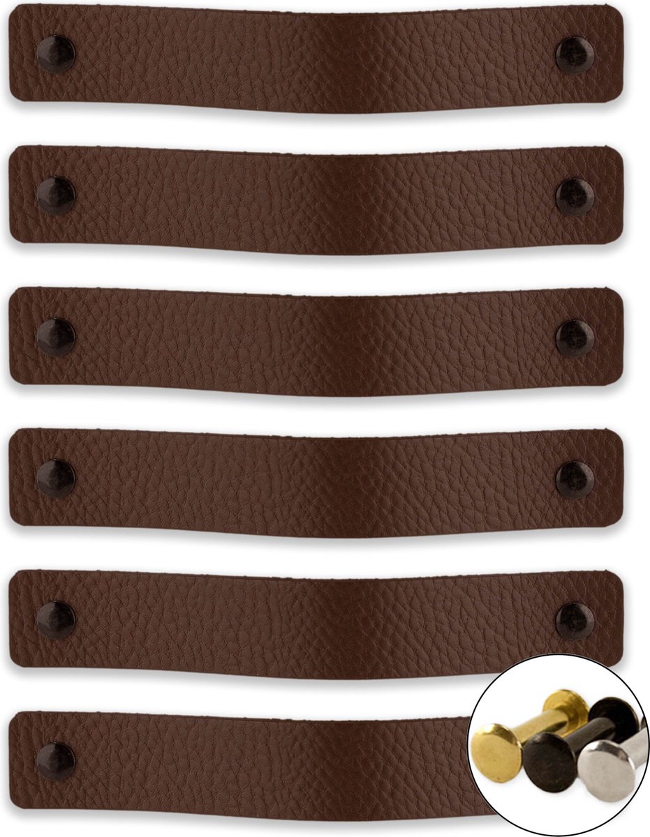 Leren handgrepen - Bruin - 6 stuks - 20 x 2,5 cm - incl. 3 kleuren schroeven - Handgrepen leer - Leren meubelgreep - Leren handvaten kast - Leren lus - Handgreep kast leer - Leren greepjes - Handvat leer - Leren deurgreep - Bruine leren handgreep