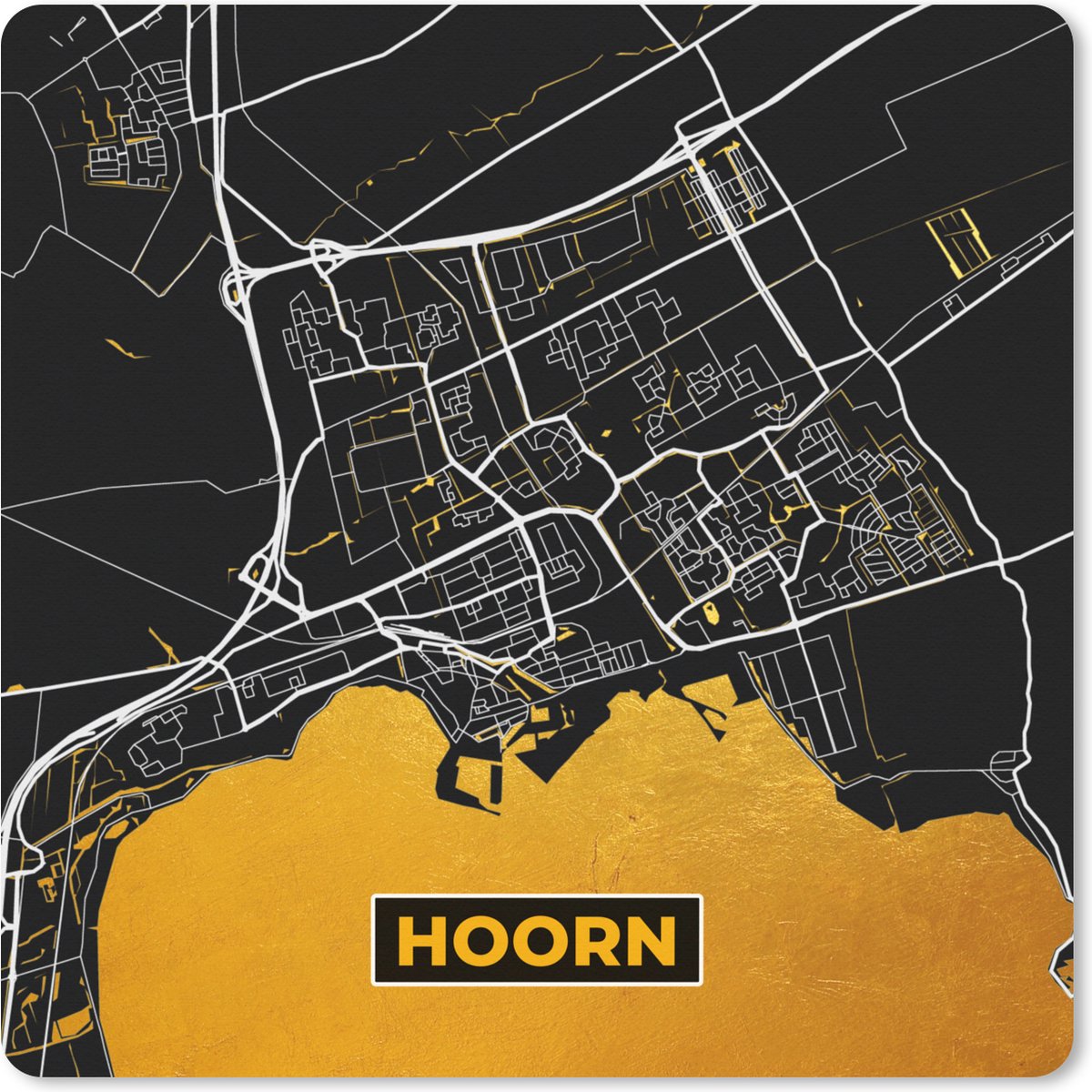 Muismat XXL 50x50 cm - Bureau onderlegger - Bureau mat Stadskaart - Hoorn - Goud - Zwart - Bureaumat - Gaming mousepad xl - Bureaulegger groot - Computer deskmat